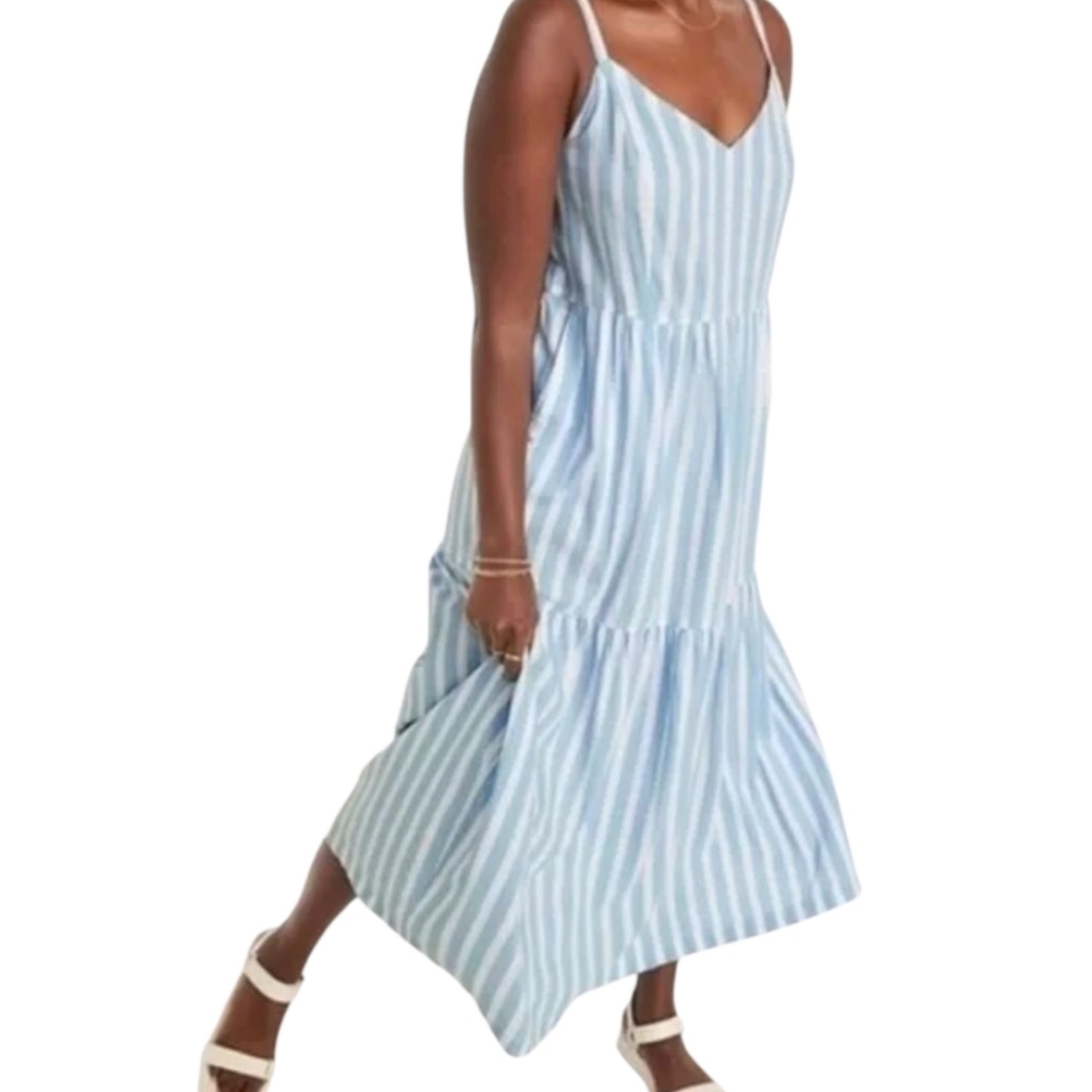 Old Navy Blue White Striped Tiered Coastal Boho Long Maxi Swing Dress Large - Picture 2 of 16